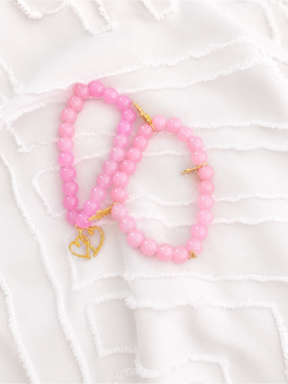 Pink Beaded Heart Charm Bracelet Set